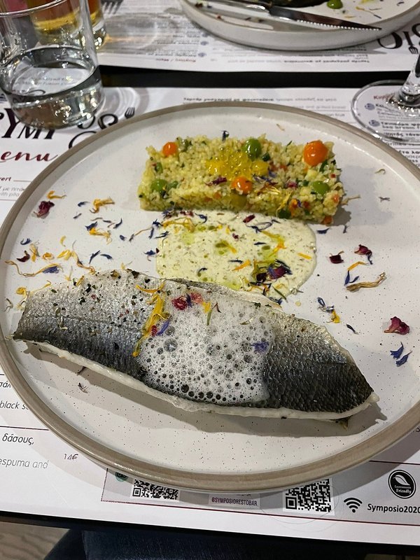 Sautéed sea bass fillet with roasted vegetables