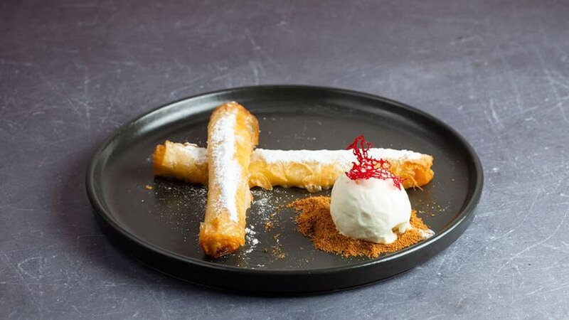 Galaktoboureko with White Chocolate, Champagne Syrup, and Kaimaki Ice Cream